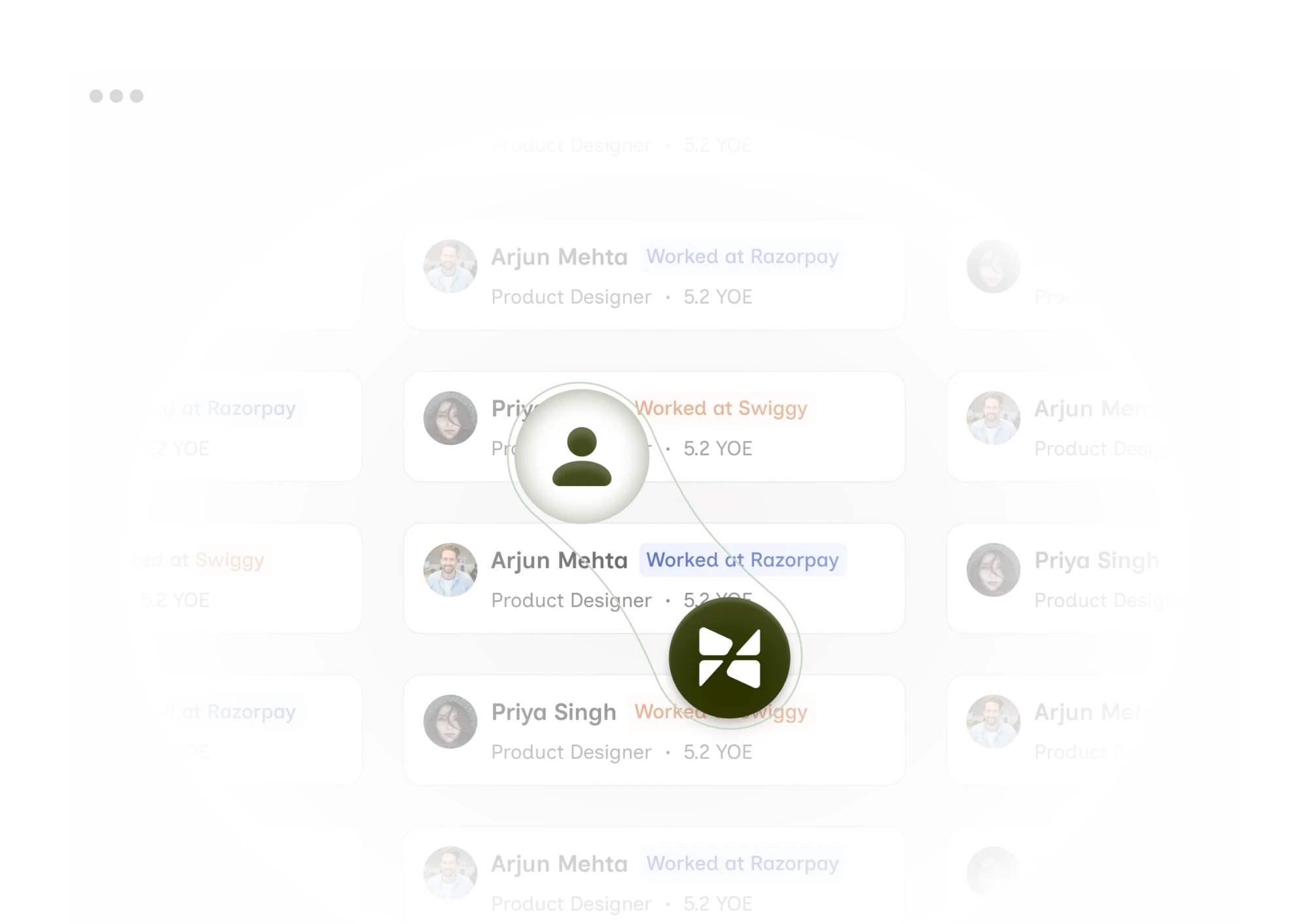 Kello studying past hires: a grid of profile cards (Product Designer, 5.2 years of experience, worked at Razorpay or Swiggy) linked through an ideal-candidate avatar to the Kello mark.