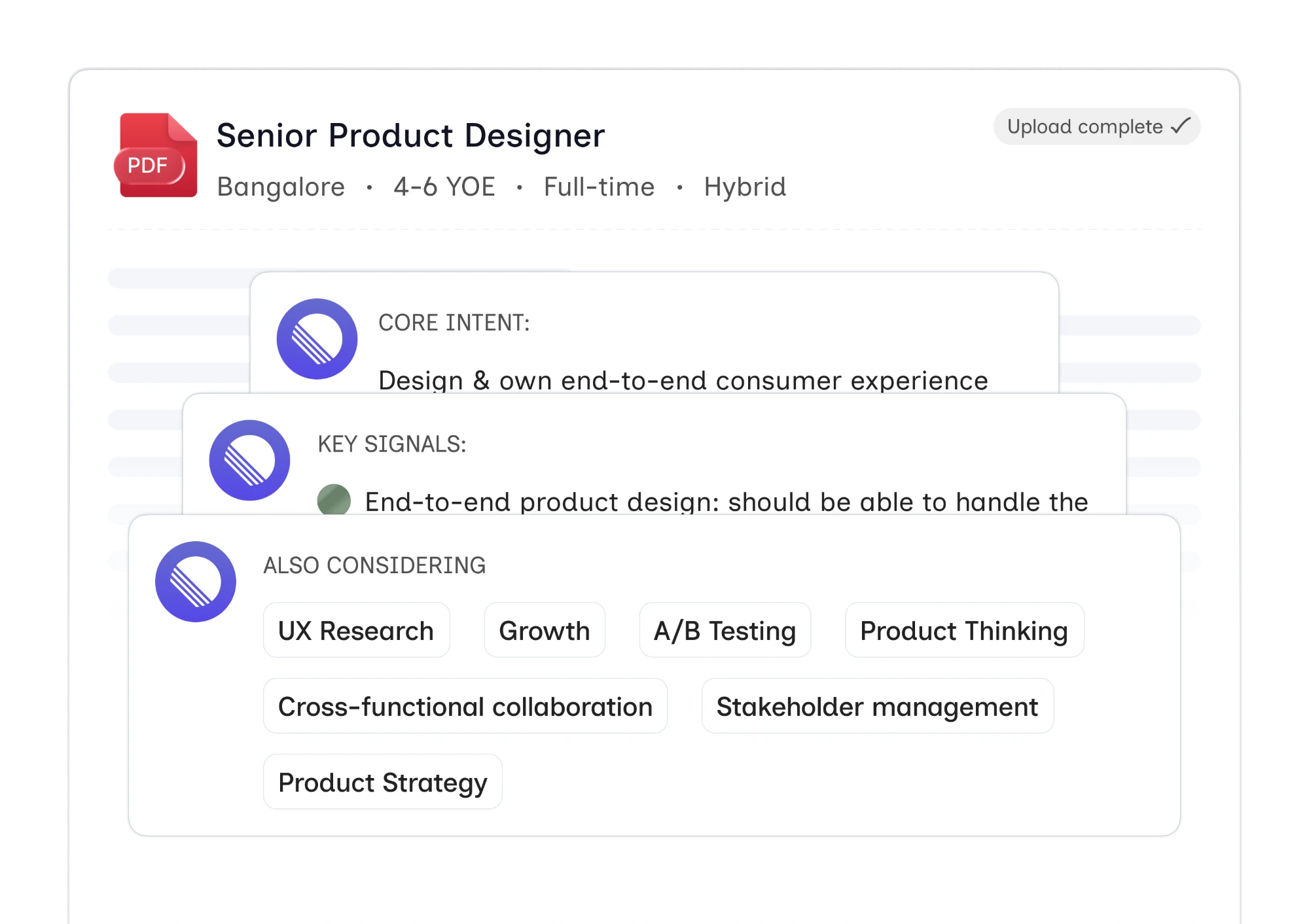 Kello's read of a Senior Product Designer JD: core intent 'Design and own end-to-end consumer experience', key signal 'end-to-end product design', and adjacent skills such as UX research, growth, A/B testing, product thinking and product strategy.